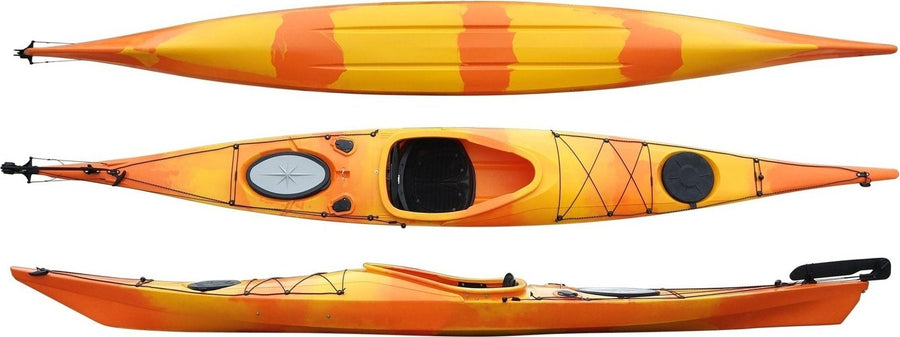 Top, side and underside view of the 450 touring manufactured by Cambridge kayaks in Orange Yellow