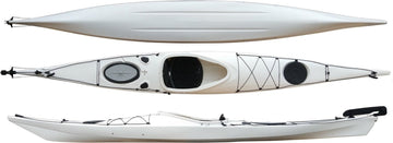 Top, side and underside view of the 450 touring manufactured by Cambridge kayaks in White