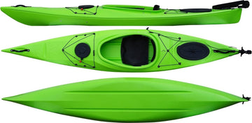 Top, side and underside view of the 350 touring manufactured by Cambridge kayaks in Green
