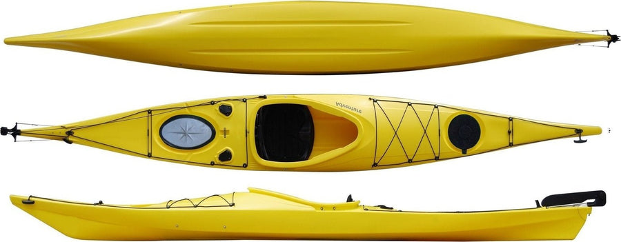 Top, side and underside view of the 450 touring manufactured by Cambridge kayaks in Yellow