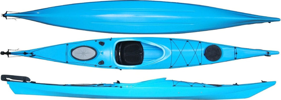 Top, side and underside view of the 450 touring manufactured by Cambridge kayaks in Light Blue