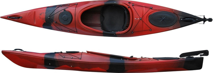 Top and side view of the 350 touring manufactured by Cambridge kayaks in Red and Black