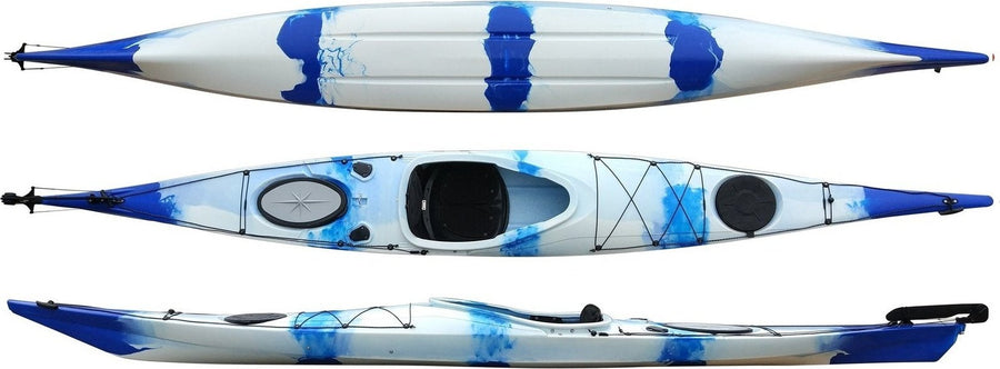 Top, side and underside view of the 450 touring manufactured by Cambridge kayaks in Blue White Camo
