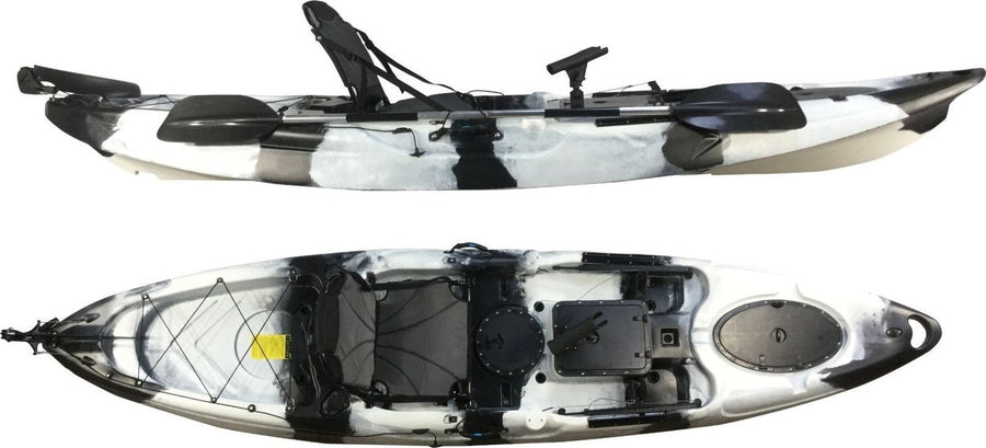 Top and side view of the barracuda fishing kayak in black and white manufactured by cambridge kayaks