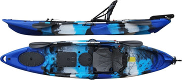 Top and side view of the barracuda fishing kayak in blue camo manufactured by cambridge kayaks