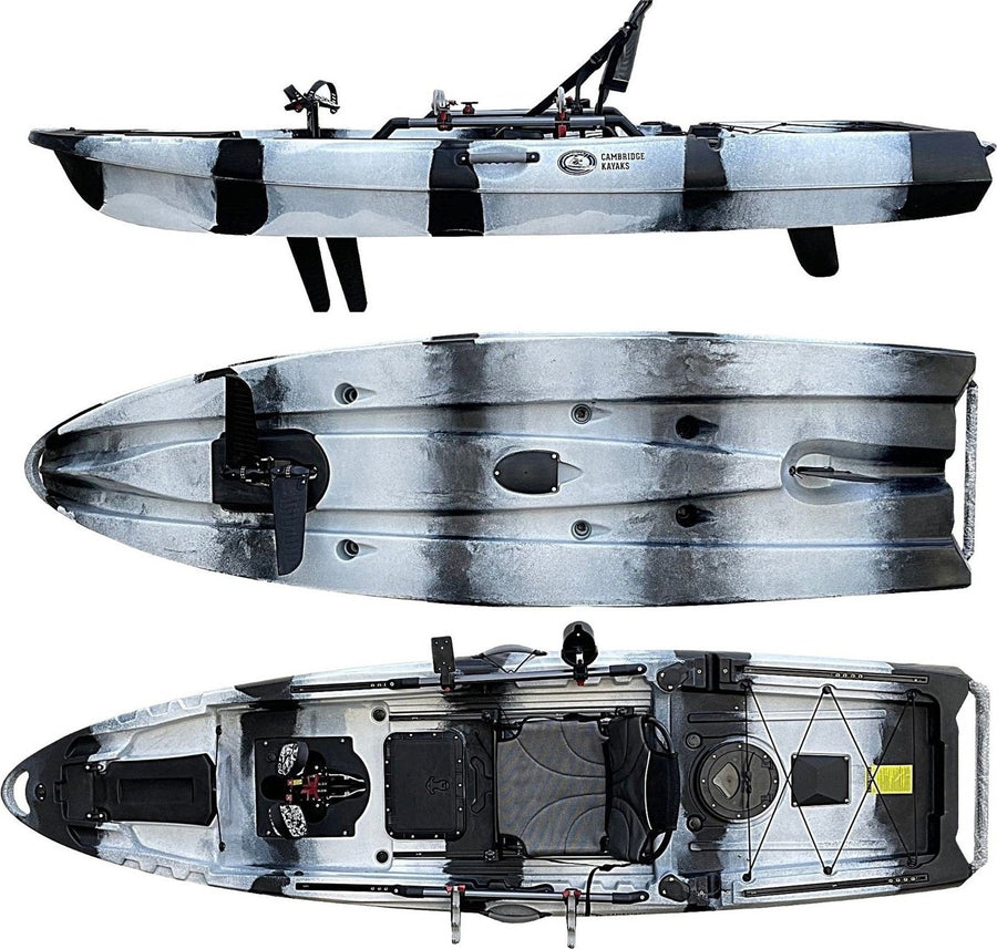 Top, Bottom and side views of fishing kayak in black and white manufactured by cambridge kayaks