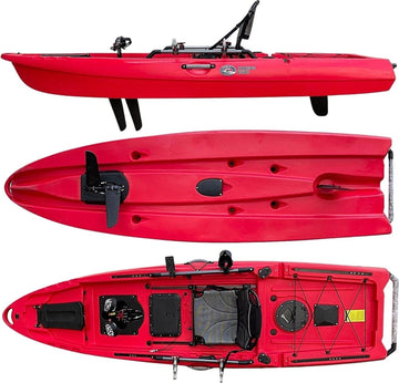 Top, Bottom and side views of fishing kayak in red manufactured by cambridge kayaks