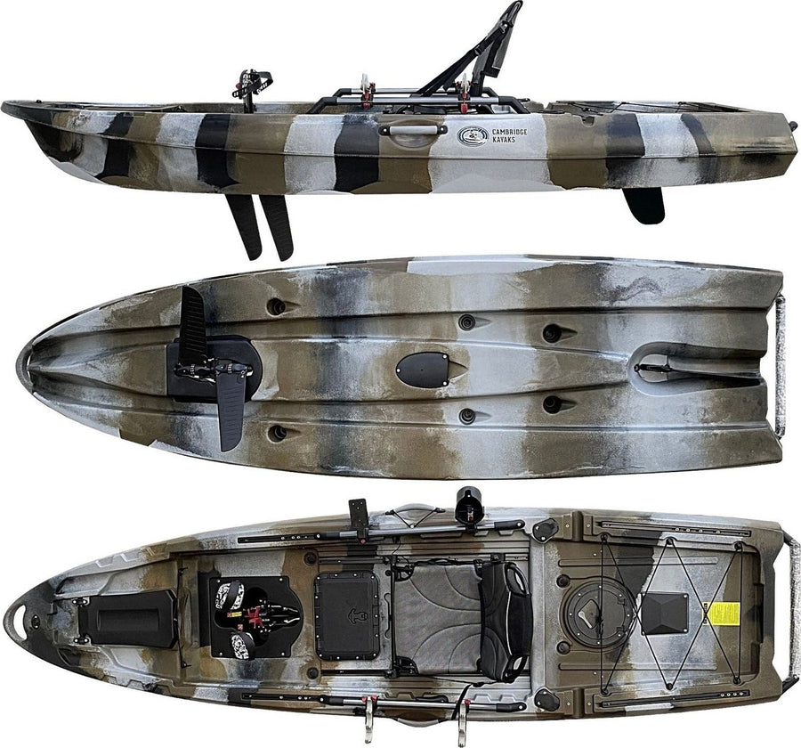 Top, Bottom and side views of fishing kayak in camo colours manufactured by cambridge kayaks