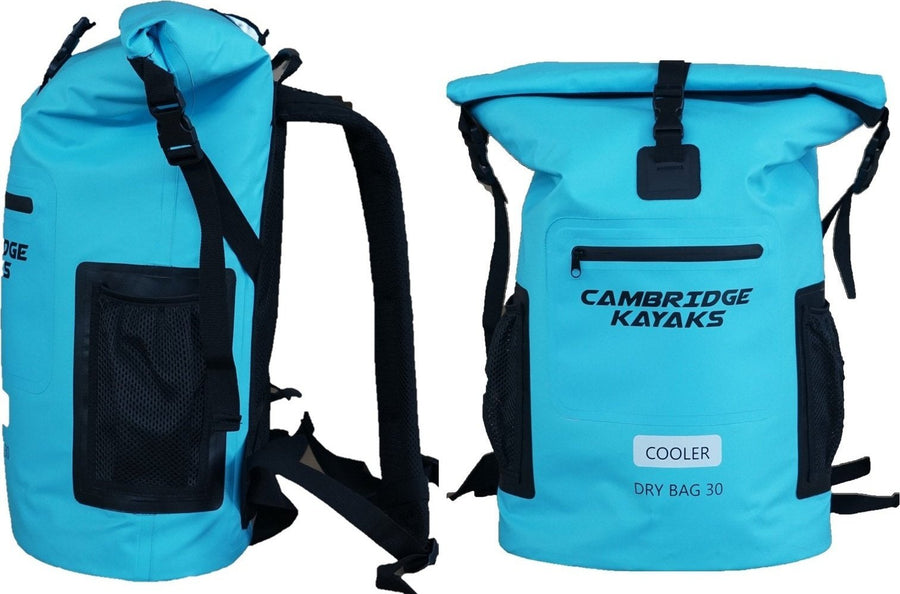 Cooler dry bag front and side view in blue manufactured by cambridge kayaks