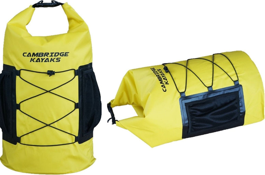 Deck bag in yellow with cargo straps manufactured by cambridge kayaks