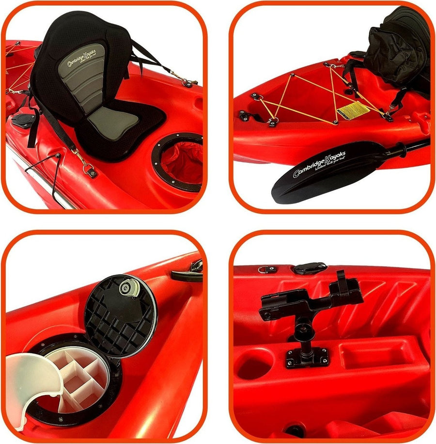 Zander Red Leisure and Fishing Kayak, Single Person Kayak Padded Seat, Hatches Paddle Fishing