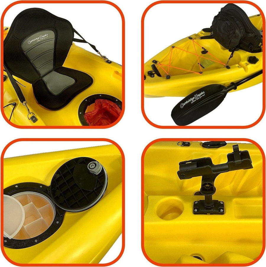 Zander Yellow Leisure and Fishing Kayak, Single Person Kayak Padded Seat, Hatches Paddle Fishing
