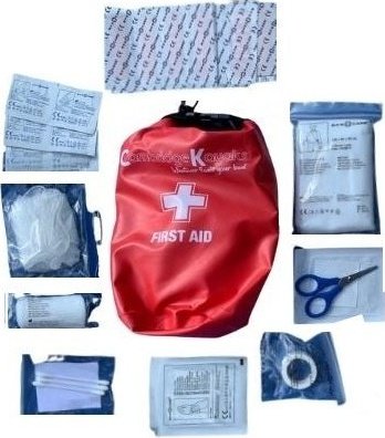 30 pcs first aid kit with a dry bag in red manufactured by cambridge kayaks