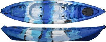 top and side view of childs kayak in blue and white manufactured by cambridge kayaks