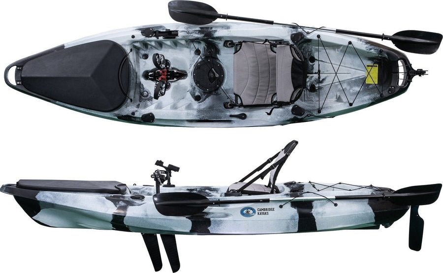 top and side view of a pedal drive fishing kayak in black and white manufactured by cambridge kayaks