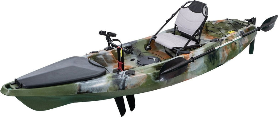 angle view of a peddal fishing kayak in camo color manfactured by cambridge kayaks