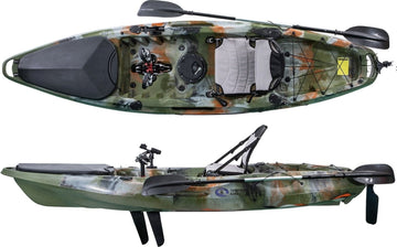 top and side view of a pedal drive fishing kayak in camo colour manufactured by cambridge kayaks