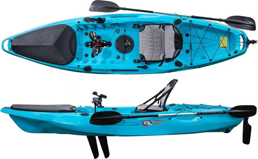 top and side view of a pedal drive fishing kayak in blue manufactured by cambridge kayaks