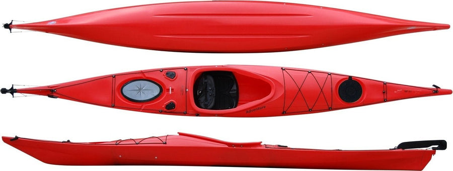 Top, side and underside view of the 450 touring manufactured by Cambridge kayaks in Red