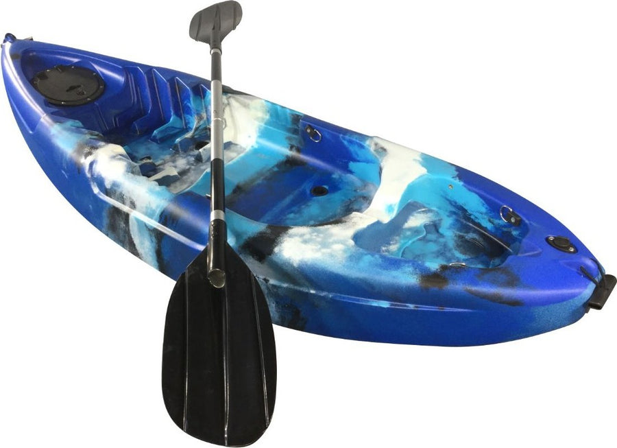 blue and white childs kayak with paddle sitting across the boat manufatured by cambridge kayaks