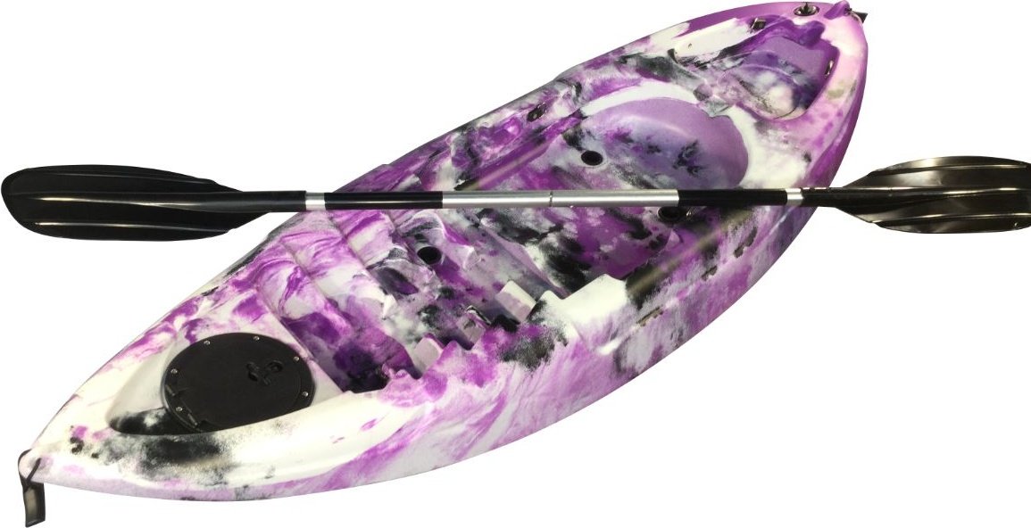 Cambridge Kayaks Guppy purple and white kayak side angle with paddle — lightweight and easy-to-carry kids’ sit-on-top kayak.