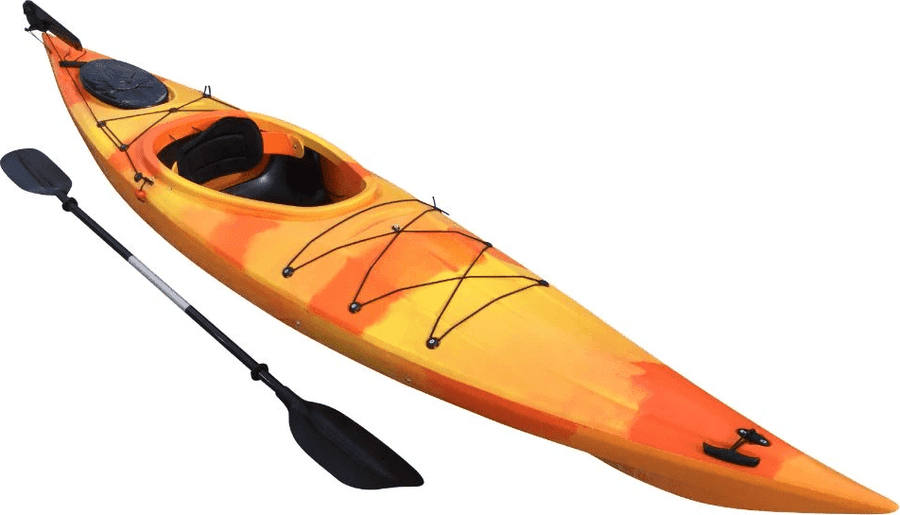 Angled view of the 350 touring manufactured by Cambridge kayaks in Orange and Yellow