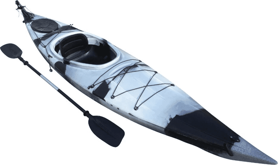  Angled view of the 350 touring Kayak manufactured by Cambridge kayaks in Black and White